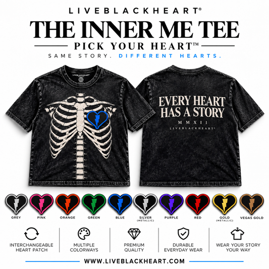 The Inner Me Tee with skeletal chest graphic and swappable Pick Your Heart patch by LiveBlackHeart