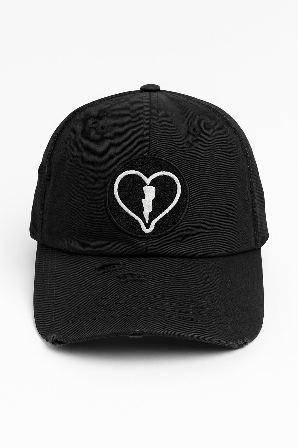 Distressed black cap featuring the official Liveblackheart chenille heart and lightning bolt logo, lifestyle streetwear brand Every Heart Has A Story.