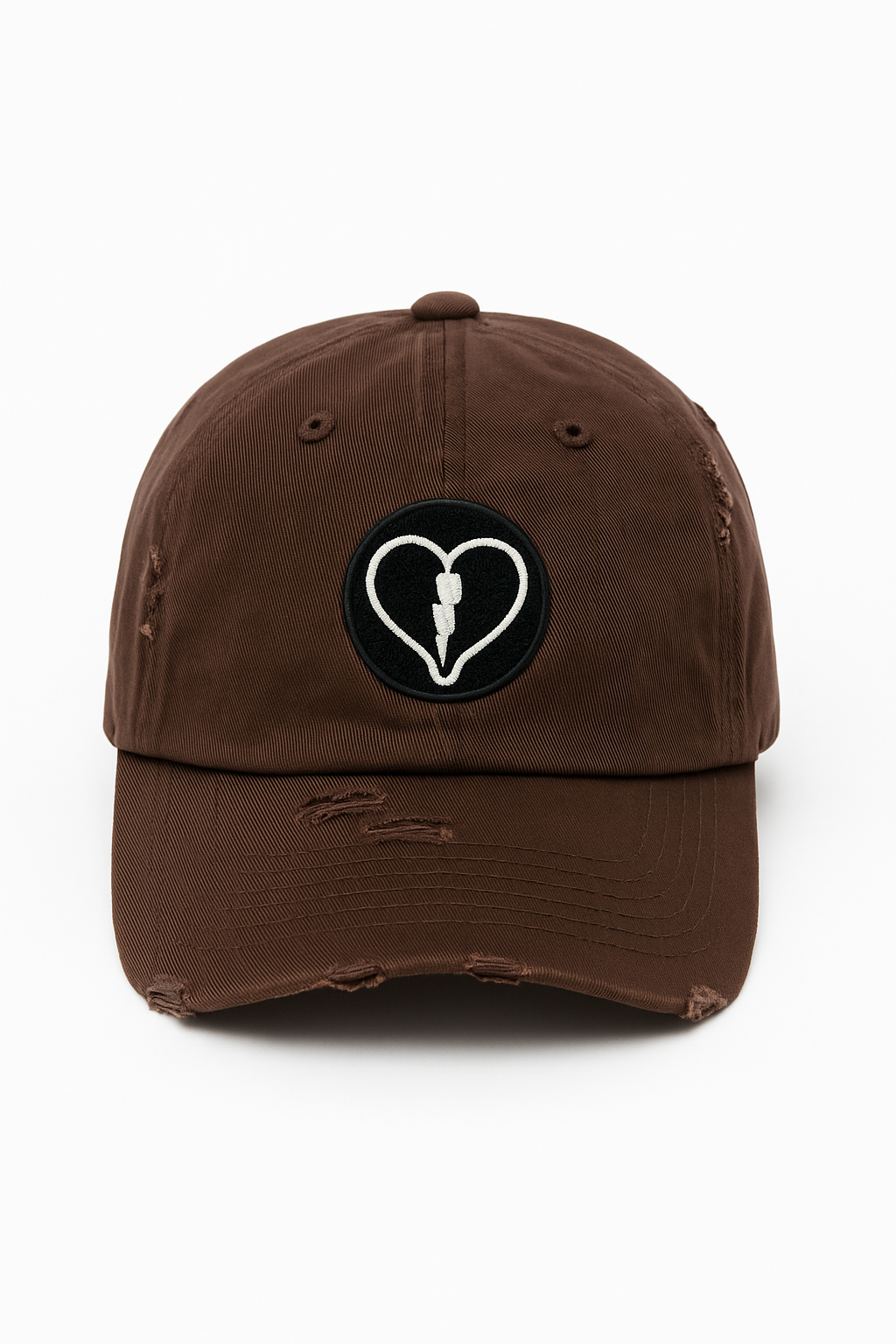 Distressed brown cap featuring the official Liveblackheart chenille heart and lightning bolt logo, lifestyle streetwear brand Every Heart Has A Story.