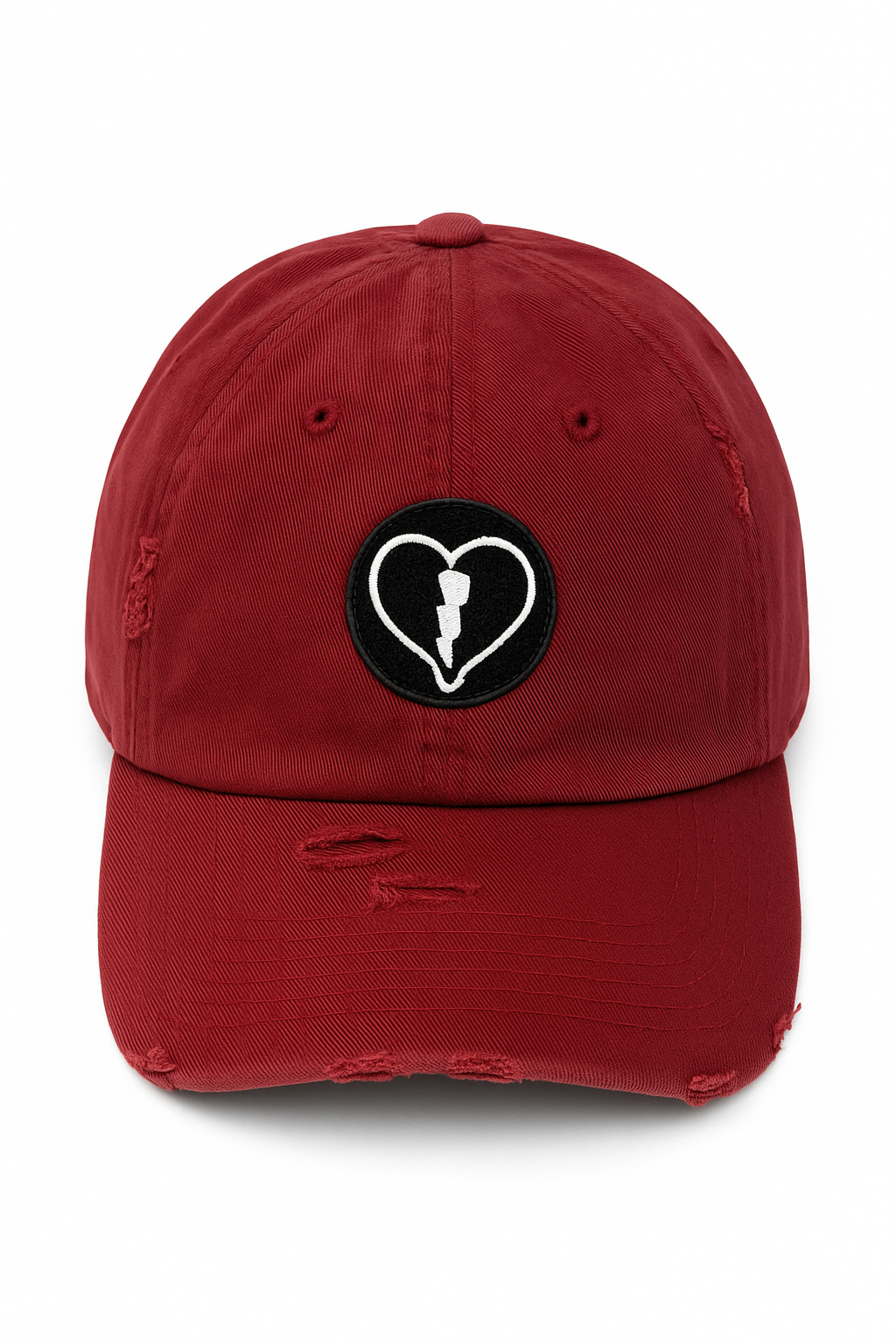 Distressed garnet cap featuring the official Liveblackheart chenille heart and lightning bolt logo, lifestyle streetwear brand Every Heart Has A Story.