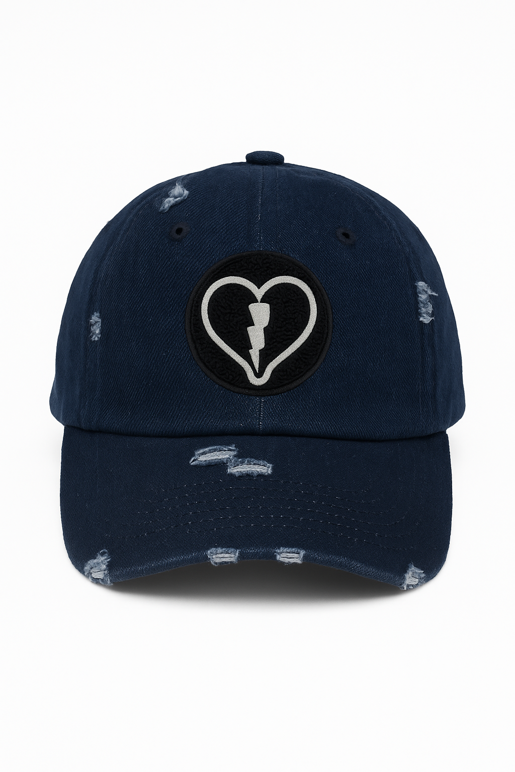Distressed dark denim cap featuring the official Liveblackheart chenille heart and lightning bolt logo, lifestyle streetwear brand Every Heart Has A Story.