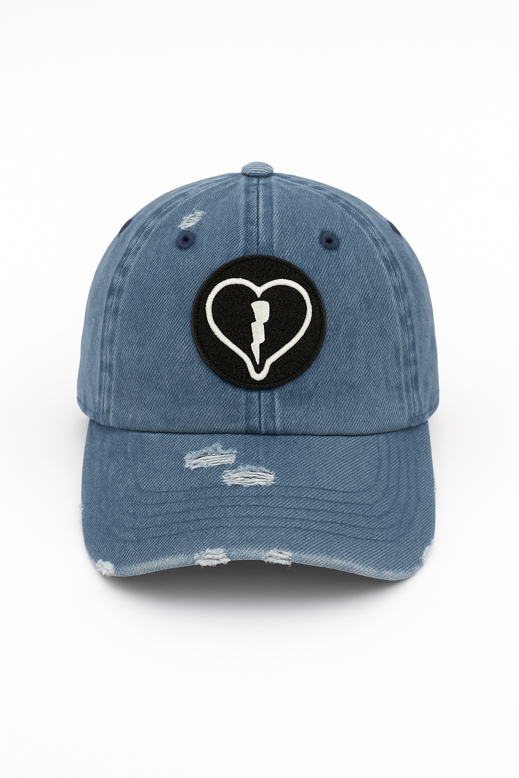 Distressed light denim cap featuring the official Liveblackheart chenille heart and lightning bolt logo, lifestyle streetwear brand Every Heart Has A Story.