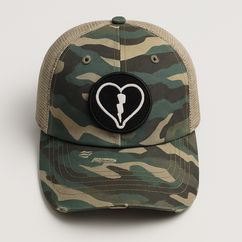 Distressed camo mesh back cap featuring the official Liveblackheart chenille heart and lightning bolt logo, lifestyle streetwear brand Every Heart Has A Story.