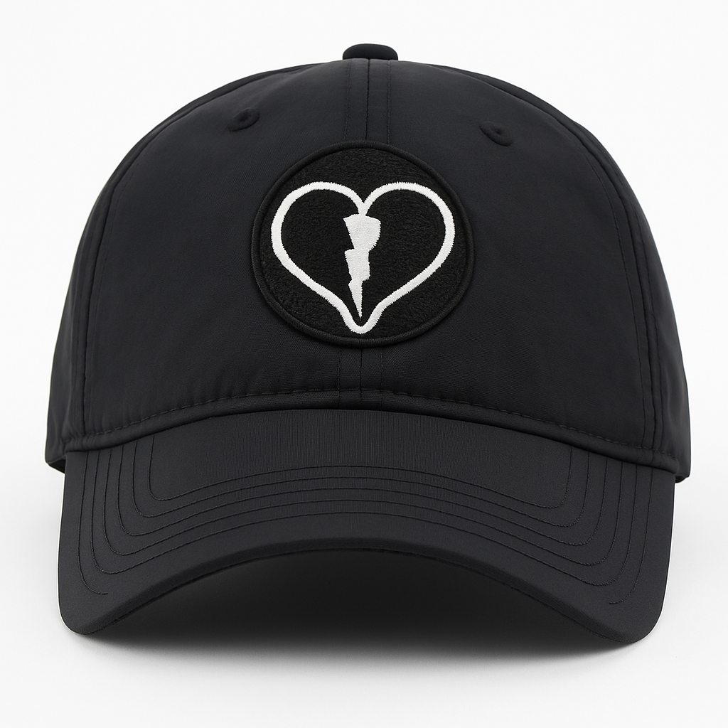 Black nylon hat with black heart and white lightning bolt logo by Liveblackheart.