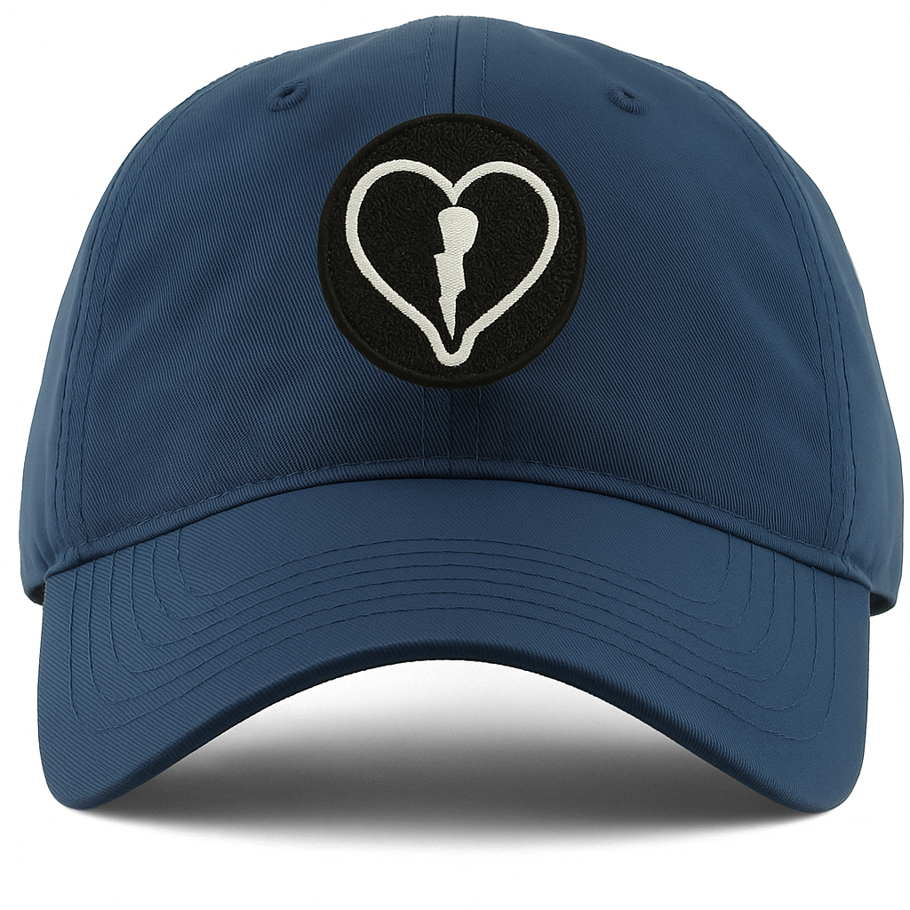 LVBH Navy nylon hat with black heart and white lightning bolt logo by Liveblackheart.