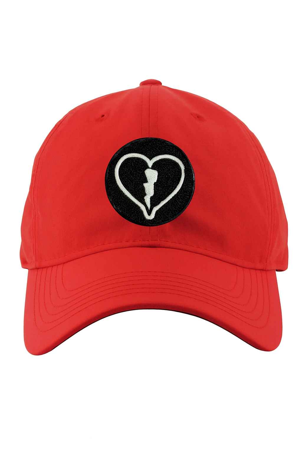LVBH Red nylon hat with black heart and white lightning bolt logo by Liveblackheart.