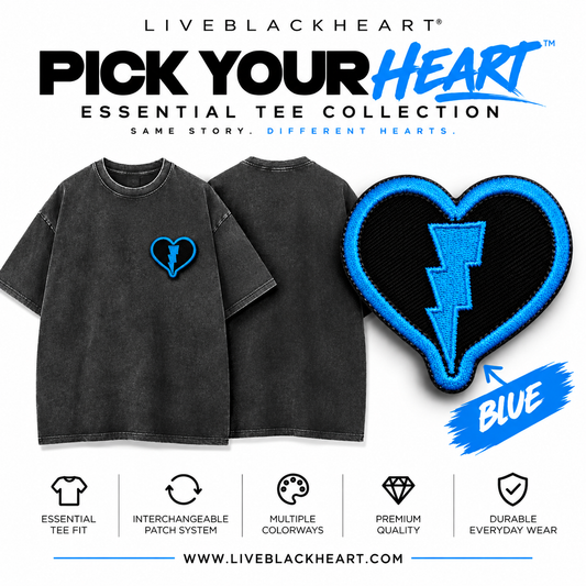 Essential black tee with interchangeable Pick Your Heart patch by LiveBlackHeart