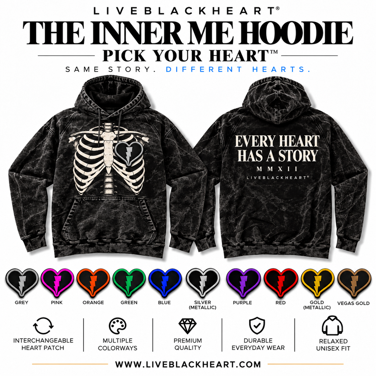The Inner Me Hoodie with skeletal chest graphic and swappable heart patch by LiveBlackHeart