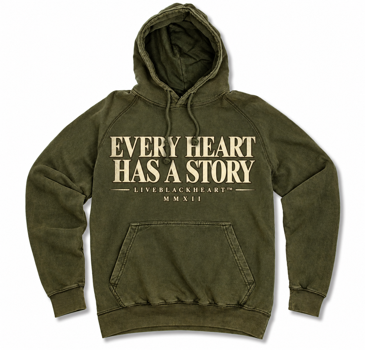 The Story Hoodie in Olive, vintage wash unisex hoodie with distressed cream Every Heart Has A Story lettering by LiveBlackHeart