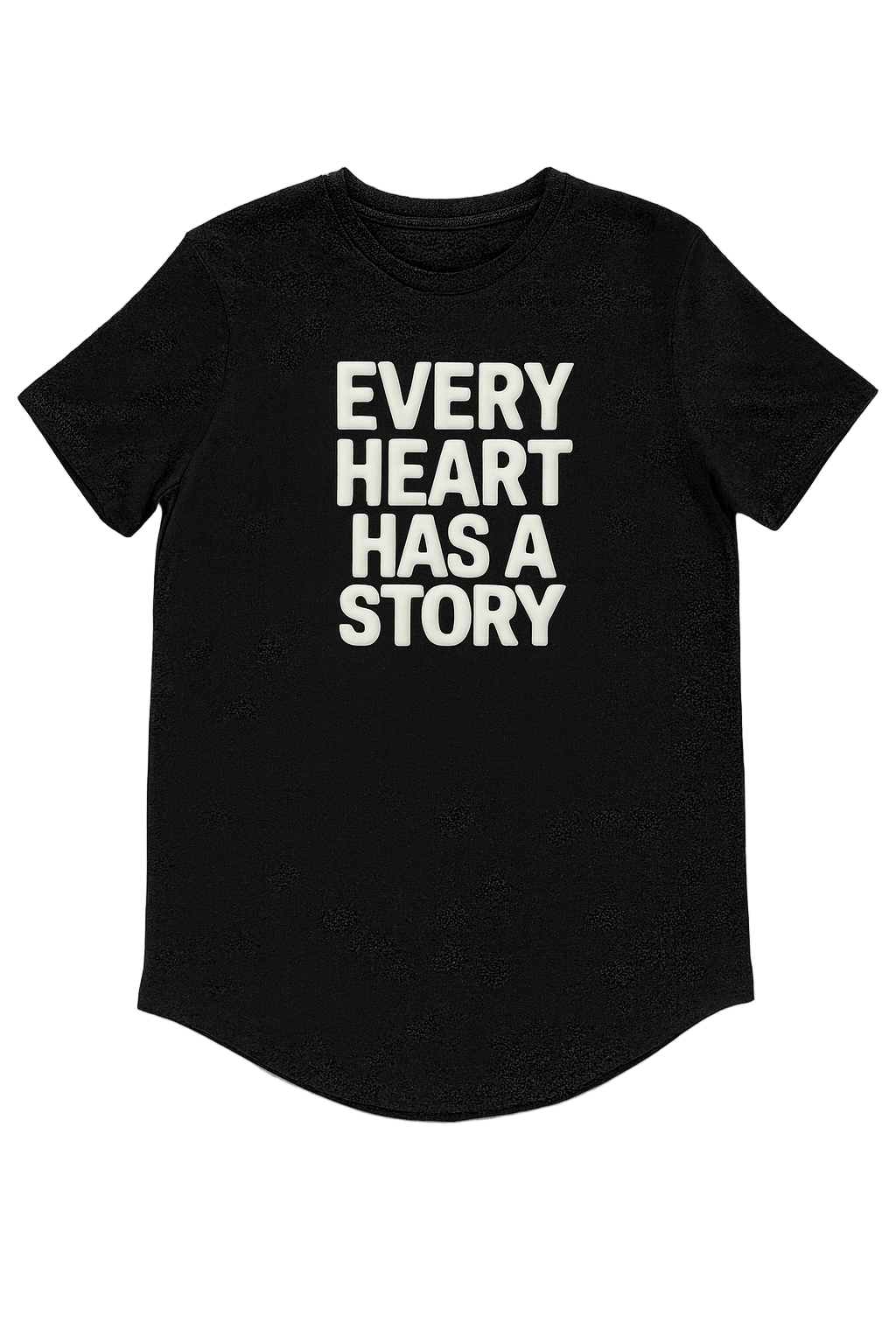 Black t-shirt with 'Every Heart Has a Story' text on a textured gray background