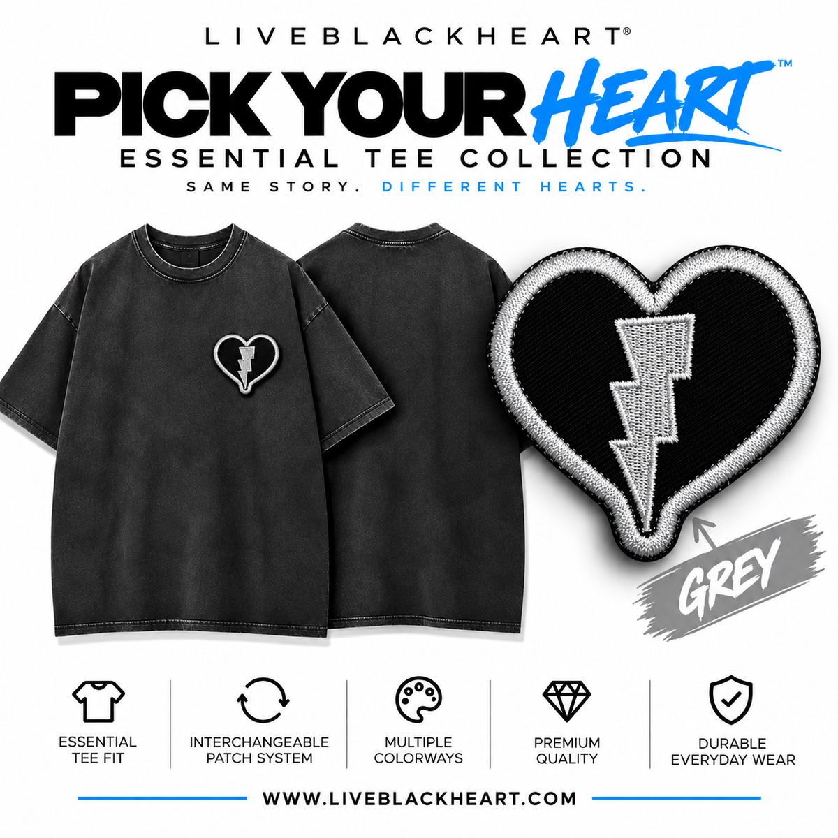 Essential black tee with interchangeable Pick Your Heart patch by LiveBlackHeart
