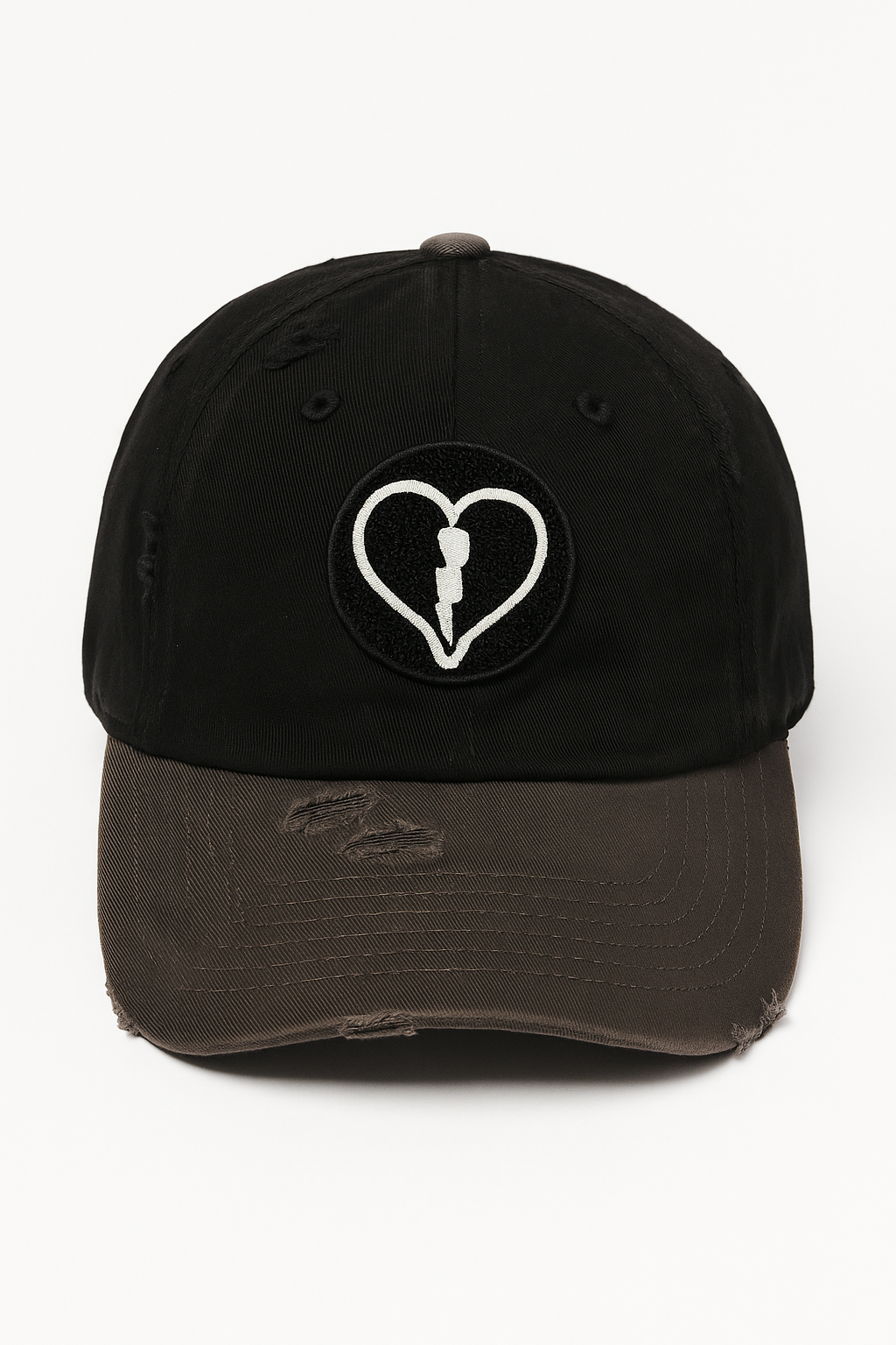 Distressed black and charcoal grey cap featuring the official Liveblackheart chenille heart and lightning bolt logo, lifestyle streetwear brand Every Heart Has A Story.