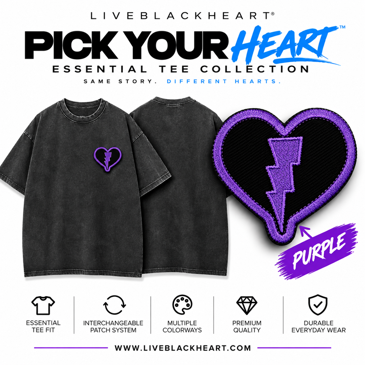 Essential black tee with interchangeable Pick Your Heart patch by LiveBlackHeart