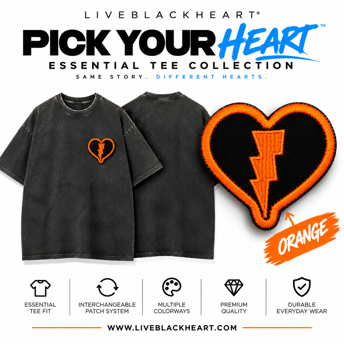 Essential black tee with interchangeable Pick Your Heart patch by LiveBlackHeart