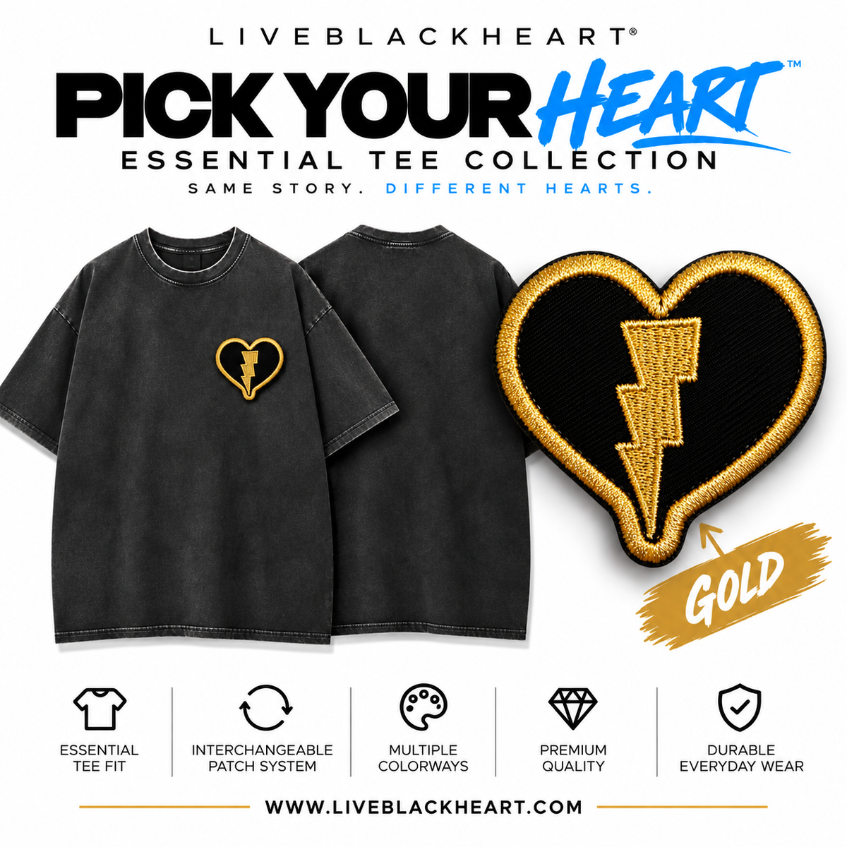 Essential black tee with interchangeable Pick Your Heart patch by LiveBlackHeart