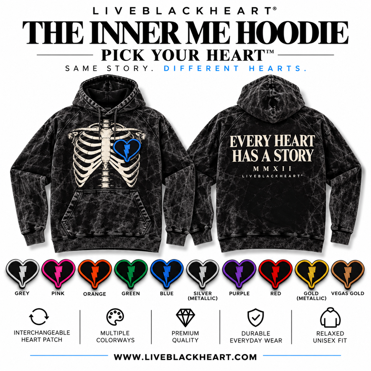 The Inner Me Hoodie with skeletal chest graphic and swappable heart patch by LiveBlackHeart