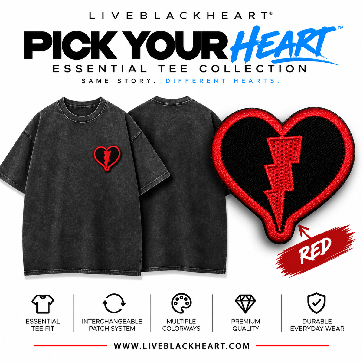 Essential black tee with interchangeable Pick Your Heart patch by LiveBlackHeart