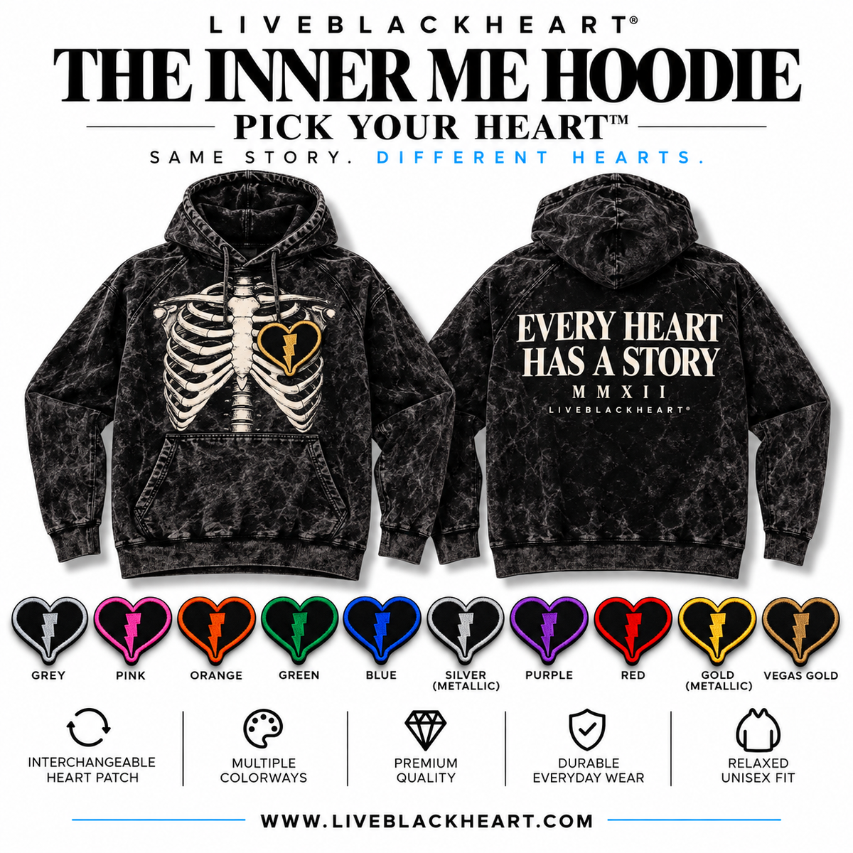 The Inner Me Hoodie with skeletal chest graphic and swappable heart patch by LiveBlackHeart