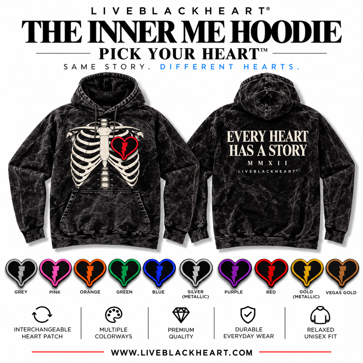 The Inner Me Hoodie with skeletal chest graphic and swappable heart patch by LiveBlackHeart
