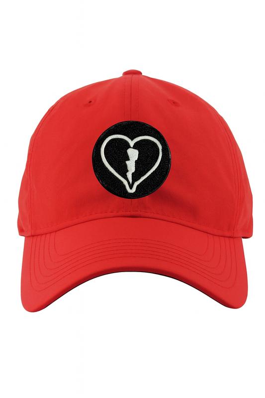 LVBH Red nylon hat with black heart and white lightning bolt logo by Liveblackheart.