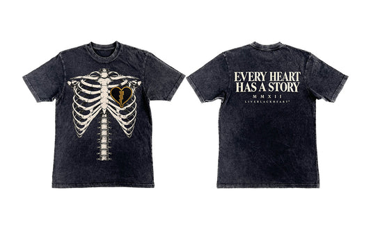 Front and back views of a dark washed short-sleeve t-shirt. The front features a white rib cage graphic with a gold heart at the center.