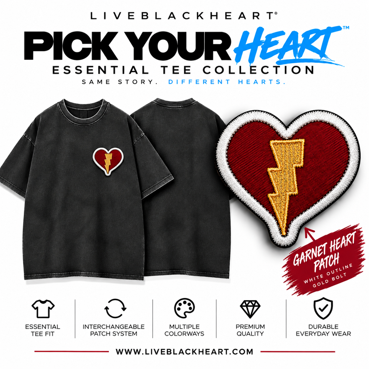 Essential black tee with interchangeable Pick Your Heart patch by LiveBlackHeart