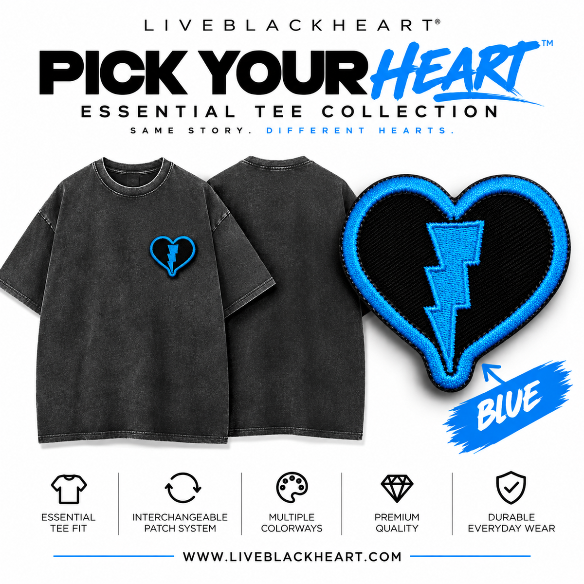 Essential black tee with interchangeable Pick Your Heart patch by LiveBlackHeart