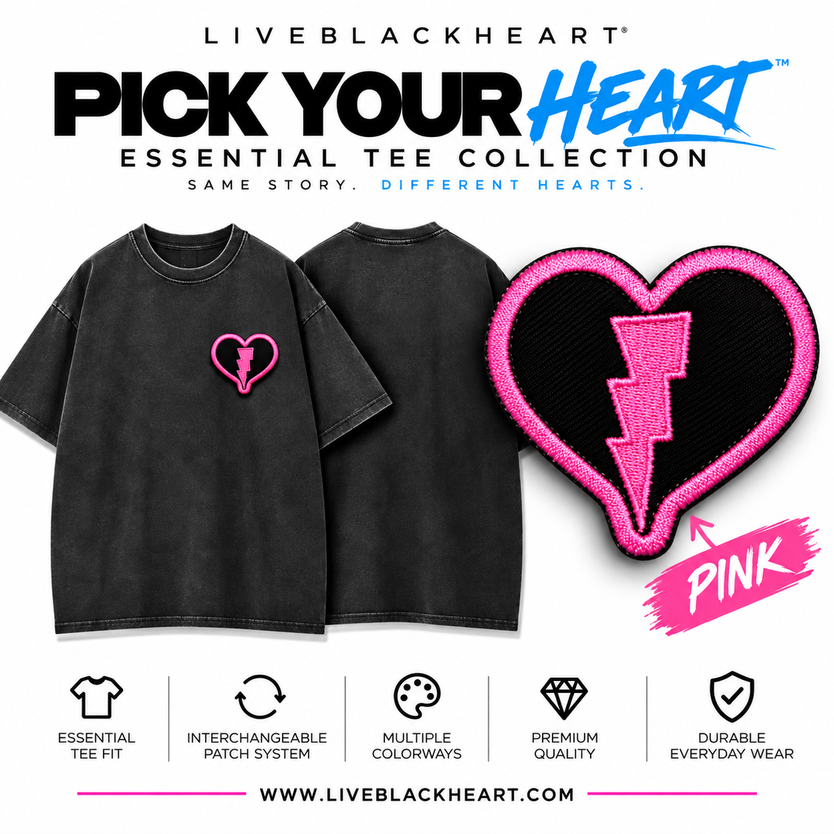 Essential black tee with interchangeable Pick Your Heart patch by LiveBlackHeart