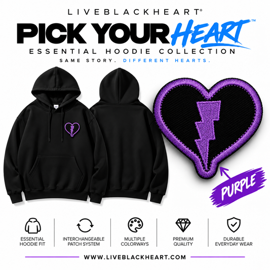 Essential black hoodie with interchangeable Pick Your Heart patch by LiveBlackHeart