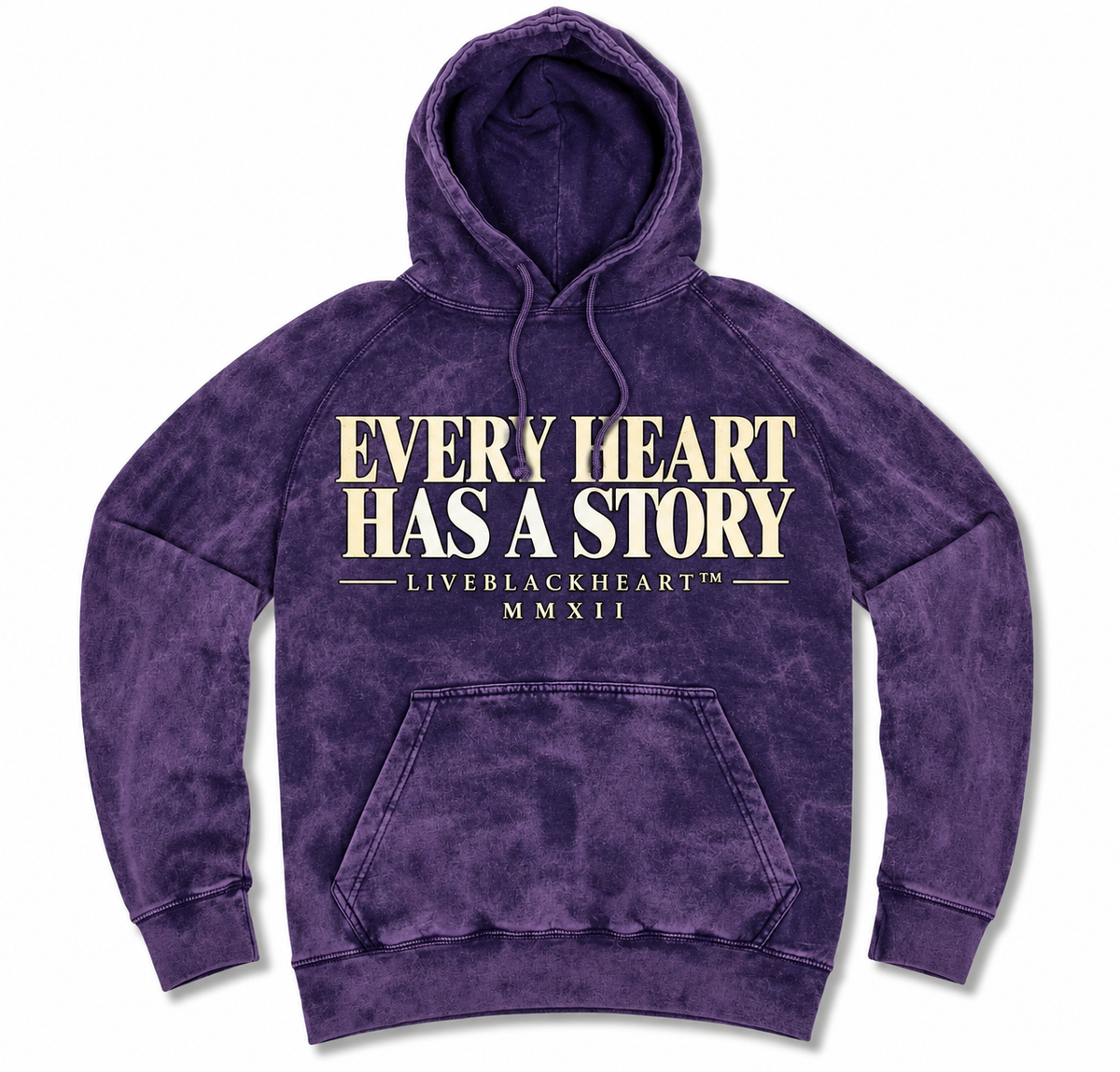 The Story Hoodie in Cloud Purple, vintage wash unisex hoodie with distressed cream Every Heart Has A Story lettering by LiveBlackHeart