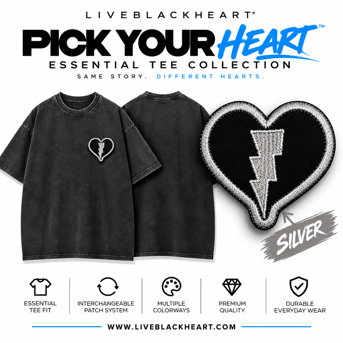 Essential black tee with interchangeable Pick Your Heart patch by LiveBlackHeart