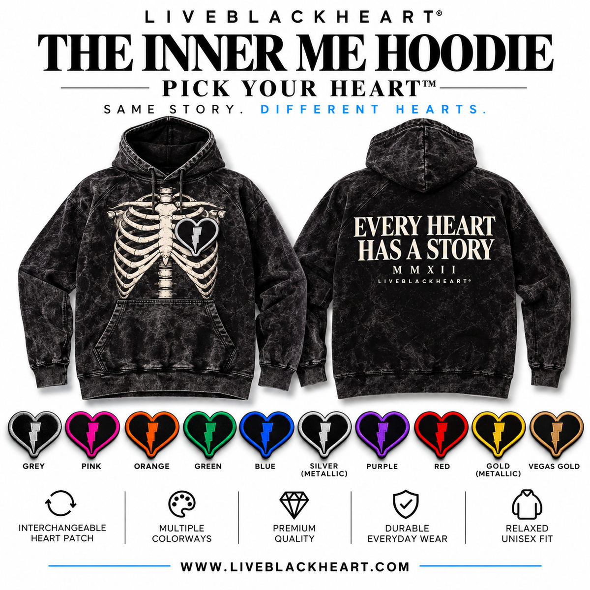 The Inner Me Hoodie with skeletal chest graphic and swappable heart patch by LiveBlackHeart