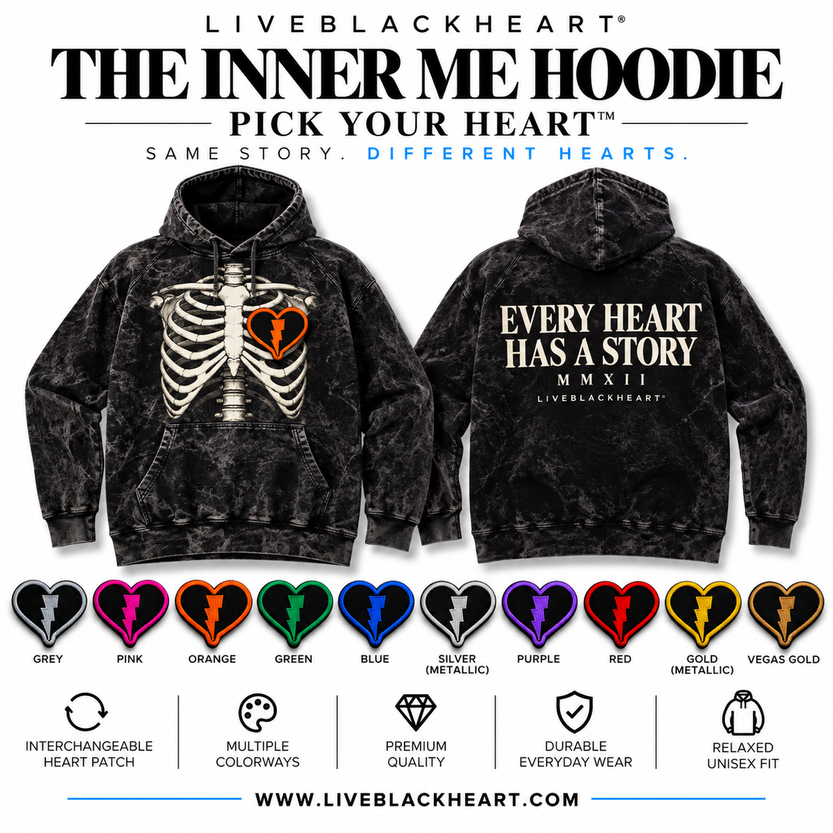 The Inner Me Hoodie with skeletal chest graphic and swappable heart patch by LiveBlackHeart
