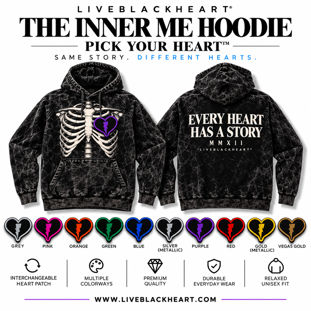 The Inner Me Hoodie with skeletal chest graphic and swappable heart patch by LiveBlackHeart
