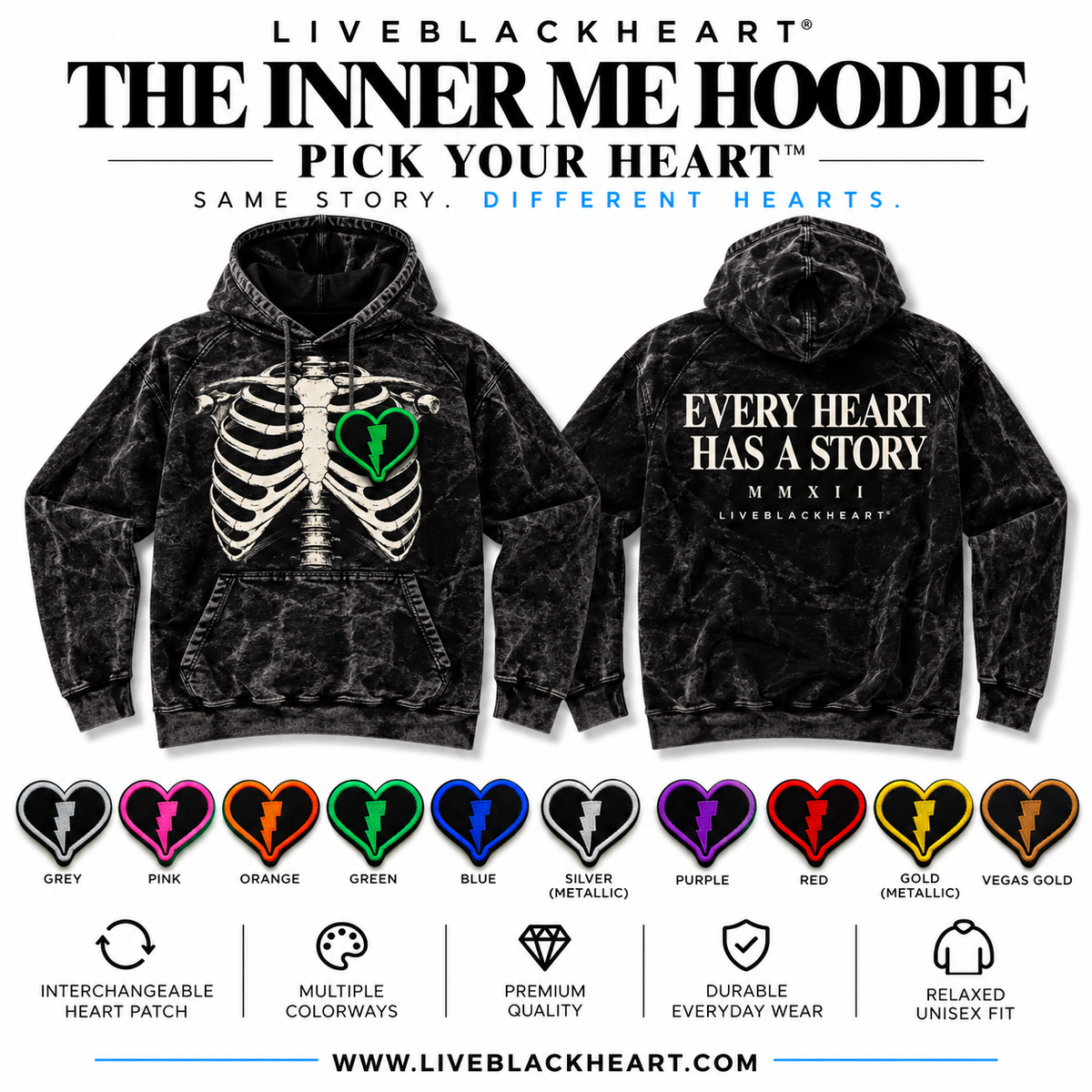 The Inner Me Hoodie with skeletal chest graphic and swappable heart patch by LiveBlackHeart