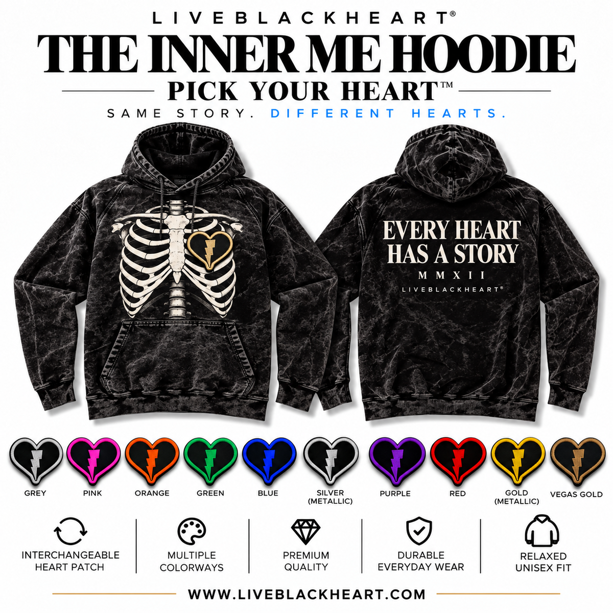 The Inner Me Hoodie with skeletal chest graphic and swappable heart patch by LiveBlackHeart