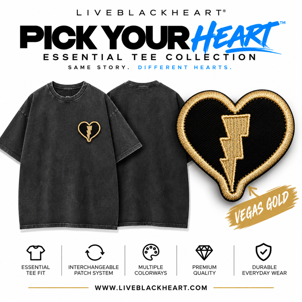 Essential black tee with interchangeable Pick Your Heart patch by LiveBlackHeart