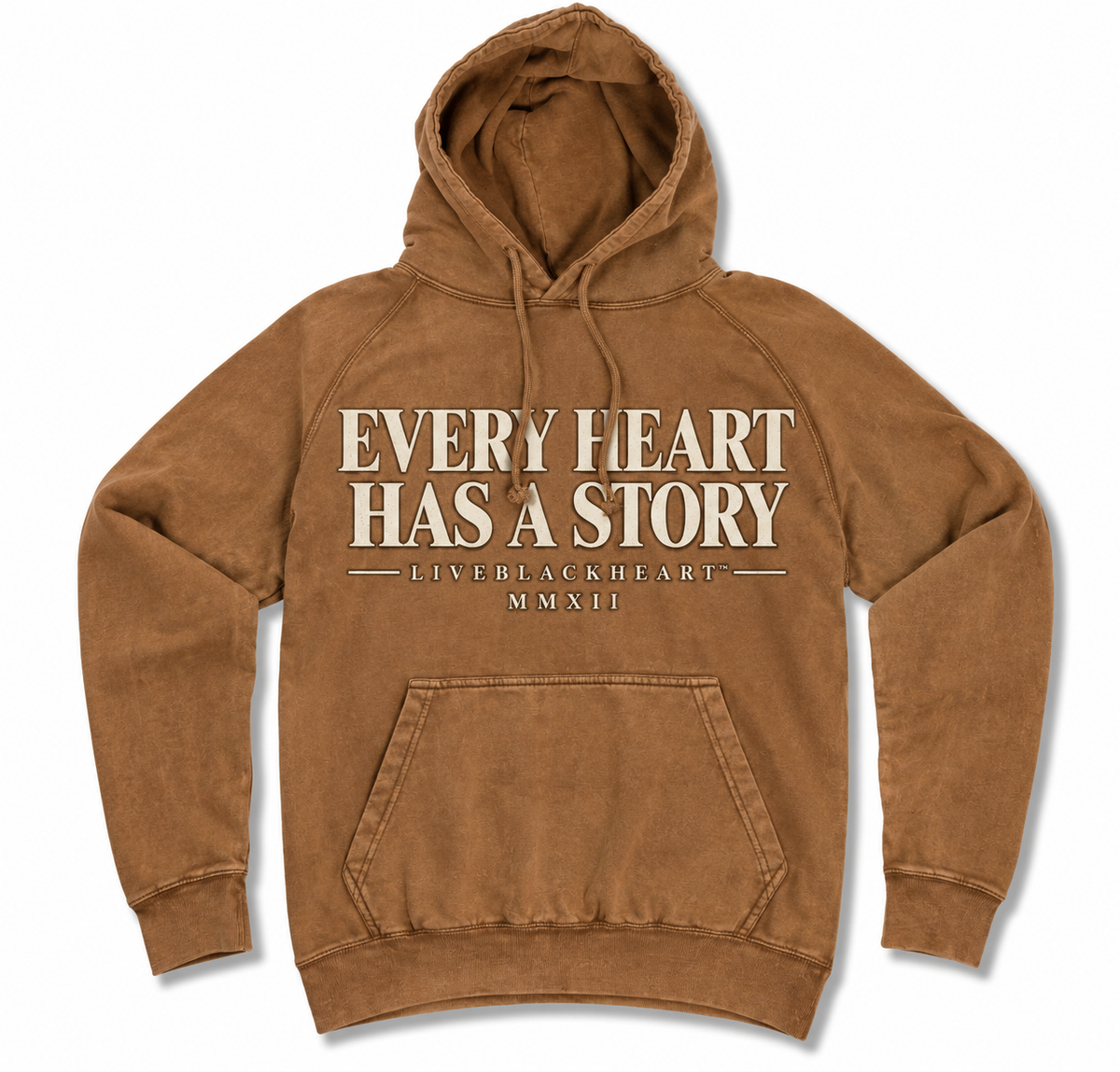 The Story Hoodie in Camel, vintage wash unisex hoodie with distressed cream Every Heart Has A Story lettering by LiveBlackHeart