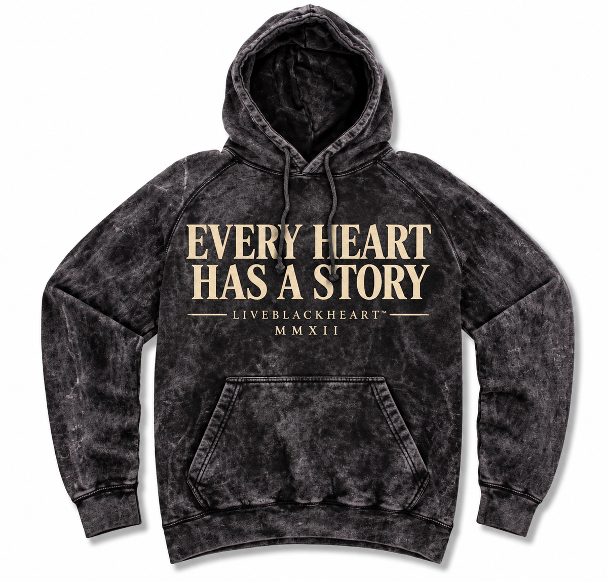 The Story Hoodie in Cloud Black, vintage wash unisex hoodie with distressed cream Every Heart Has A Story lettering by LiveBlackHeart