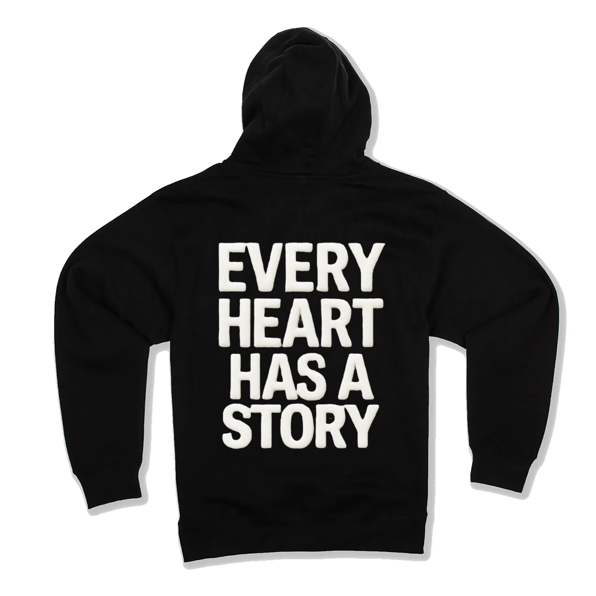 Black hoodie with 'Every Heart Has a Story' text on the back against a white background